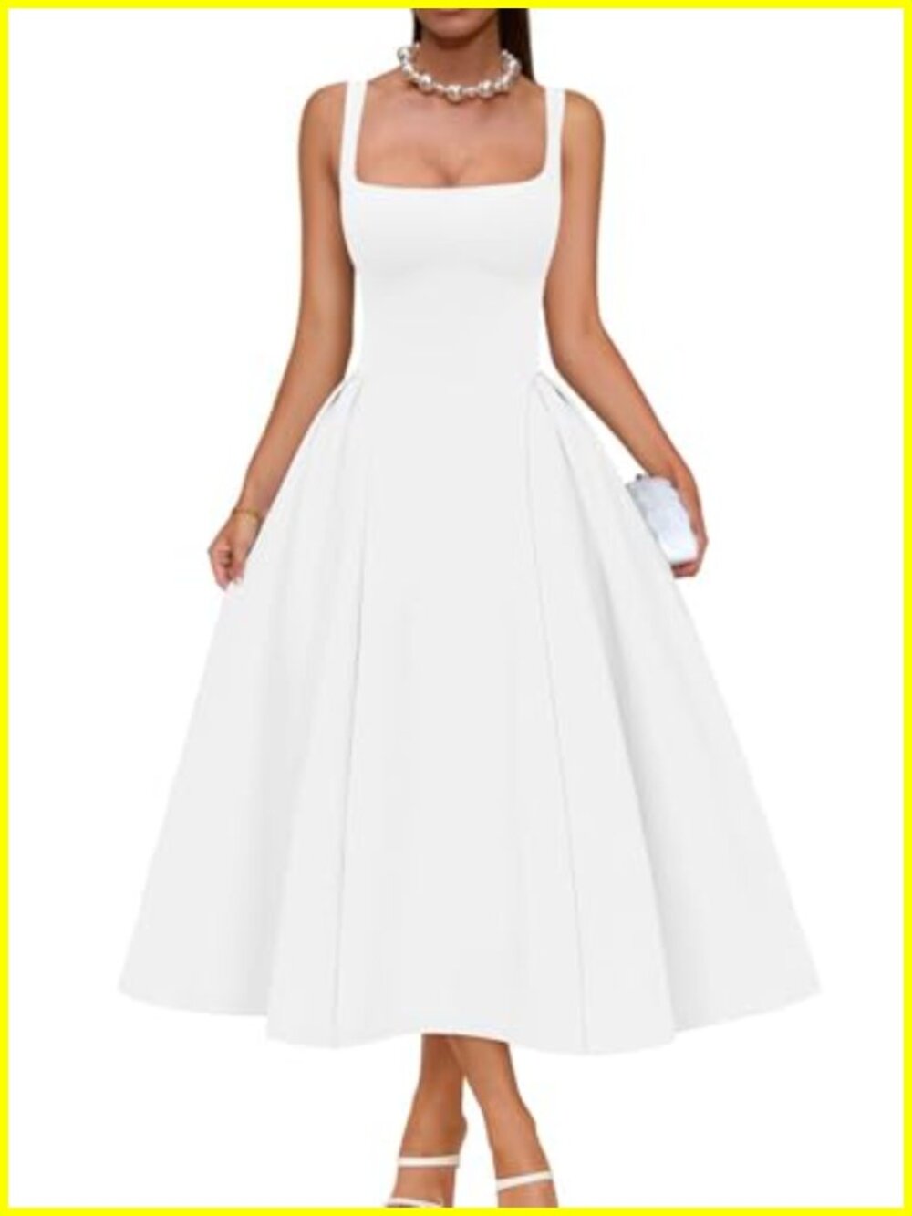 Women's Square Neck Off Shoulder Ruched Midi A-Line Party Dress